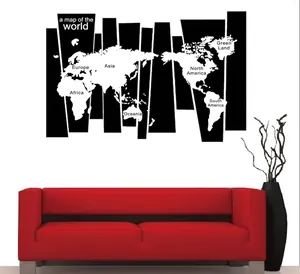 Sticker mural mappemonde noire avec noms des continents pour décoration de bureau