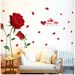 Romantic red rose wall stickers with heart and butterfly decor for home living room