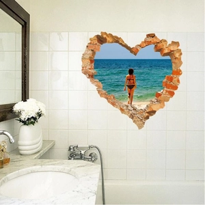 3D broken wall heart beach wall sticker for bathroom decor with ocean view