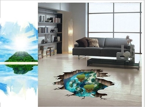 Detail showing 3D ocean island floor decal with realistic water and cracked earth effect