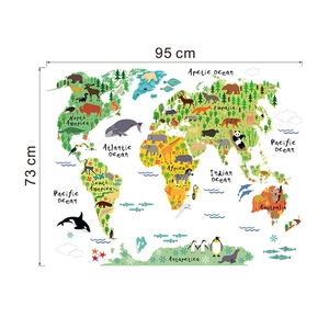 Educational colorful cartoon world map wall sticker with animal illustrations for kids