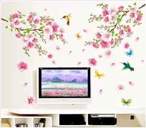 Pink Plum Blossom Hummingbird Butterfly PVC Wall Sticker Waterproof DIY Floral Decal For Living Room Bedroom Home Decor