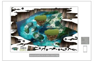 Detailed view of 3D floating fantasy island wall stickers with dimensions 90cm x 60cm