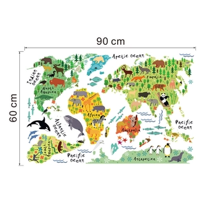 Detailed view of animal world map wall sticker for kids bedroom with 90x60cm dimensions