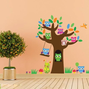 Forest themed wall decal with cartoon owl, tree and mushrooms for kids room decor
