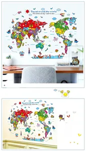 Detailed world map wall sticker for kids with colorful animals and landmarks
