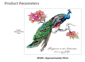 Detail of colorful blue peacock wall sticker with pink flowers and 82x99cm dimensions
