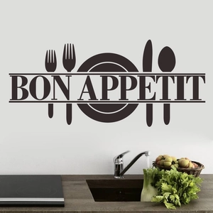 Modern black Bon Appetit wall sticker with cutlery icons for kitchen wall decoration