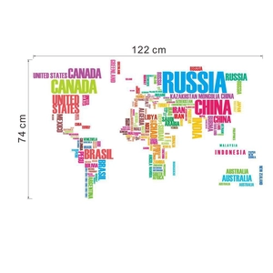 Adesivo murale mappa del mondo dettagliato con testo colorato e 122x74 cm