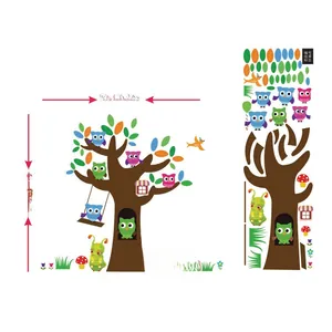 Detailed view of colorful owl wall stickers on a tree with precise size dimensions