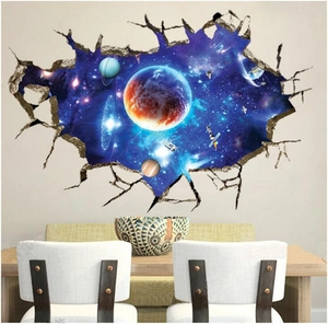 3D Space Planet Broken Wall Effect Wall Sticker PVC Removable Universe Galaxy Decal For Living Room Bedroom Home Decor