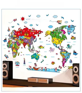 Detailed wall sticker featuring a colorful cartoon world map with animals for living room