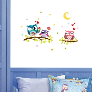 Cartoon owl wall stickers for kids room featuring colorful owls on tree branch decor