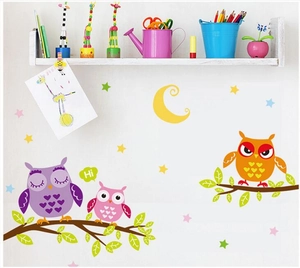 Cartoon owl wall stickers with tree and moon for nursery and kids room decor