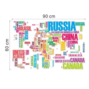 Dettaglio adesivo murale mappa del mondo tipografica colorata con nomi, 90x60cm