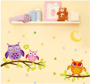 Cartoon owl family wall stickers with stars and moon for nursery room wall decor