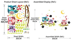 Cute cartoon owl wall stickers for nursery kids room decor 64x44cm finished size