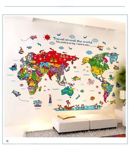 Colorful world map wall stickers with cute animals and motivational travel quotes