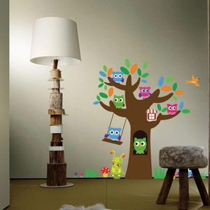 Cartoon owl and tree wall decal for kids room decor with vibrant mushroom accents