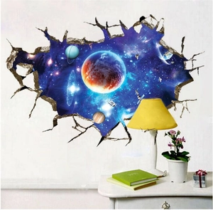 3D outer space galaxy wall sticker with creative broken wall effect for bedroom decor