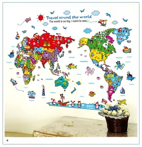 Detail of colorful world map wall sticker with cartoon animals and flags for kids room
