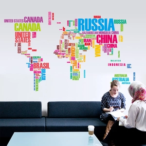 Adesivo murale mappa del mondo artistico con nomi di paesi colorati per ufficio