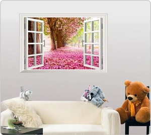 3D wall sticker with white window frame and pink cherry blossom tree forest landscape