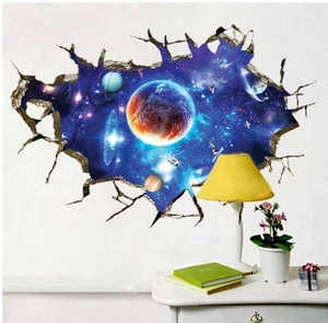3D outer space wall sticker featuring colorful planets and astronauts for bedroom decor