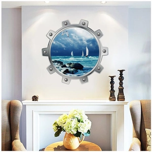 3D ocean porthole wall sticker with sailing boat and sea waves for home decoration