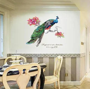Artistic peacock wall decal with inspirational quote on modern living room wall decor