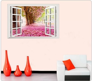 3D window wall decal featuring a cherry blossom tree landscape for living room decor