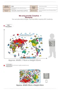 Size chart for colorful animal world map wall sticker showing layout and dimensions
