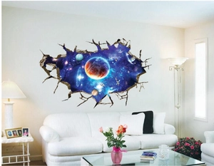 3D outer space wall sticker with cosmic planet effect for modern bedroom decoration