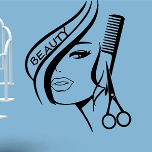 Sticker Mural Salon de Coiffure Silhouette Femme Avec Ciseaux Peigne PVC Étanche Décalcomanie Artistique pour Décoration Barbier