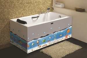 White built-in bathtub with colorful ocean world stickers and handrail with shower set