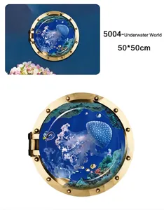 3D submarine window wall sticker with glowing jellyfish and ocean reef, 50x50cm size