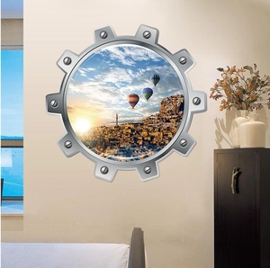 Sticker mural 3D fenêtre engrenage avec montgolfières et paysage de ville au coucher du soleil