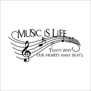 Detail showing Music Is Life wall decal with musical notes and treble clef design