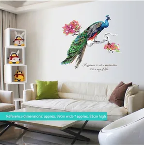 Peacock on floral branch wall decal for living room, transparent PVC removable mural art