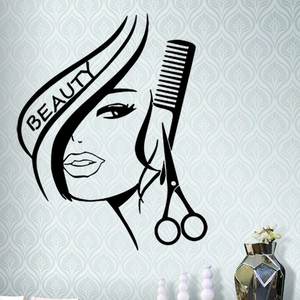 Sticker mural salon de coiffure avec silhouette femme et outils de coiffure pour décoration