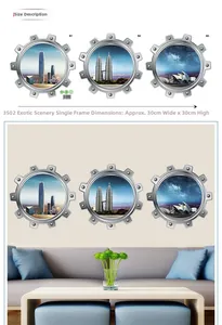 Three-piece submarine porthole wall stickers with world city views 30x30cm size detail