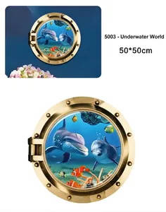 3D submarine porthole wall sticker with undersea world and dolphins in 50x50cm size