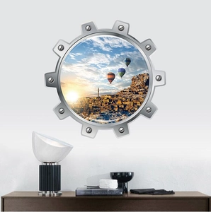 Sticker Mural Hublot 3D Amovible PVC Imperméable Montgolfière Paysage Urbain Fresque pour Salon Chambre Décoration Maison
