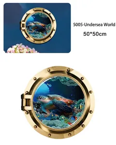 3D submarine window wall sticker with turtle and coral reef design, 50x50cm size