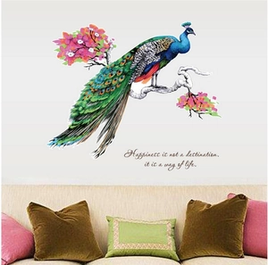 Vibrant blue peacock wall sticker with flowers and quote for living room home decoration