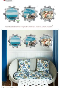 Three-piece circular submarine window wall stickers featuring seaside city landscape views