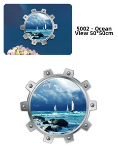 Detail view of 3D porthole wall sticker with ocean scenery and sailing boats 50x50cm