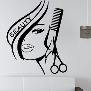 Sticker mural salon de coiffure avec profil féminin et outils de coiffure pour déco