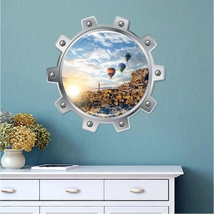 Sticker mural 3D montgolfière avec cadre engrenage pour déco salon et chambre