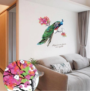 Peacock wall sticker with pink flowers and happiness quote for living room decor